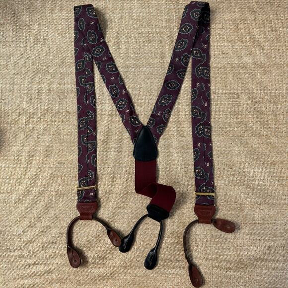 Trafalgar Suspenders Paisley Burgundy Leather Button On Braces USA Made - Picture 6 of 10